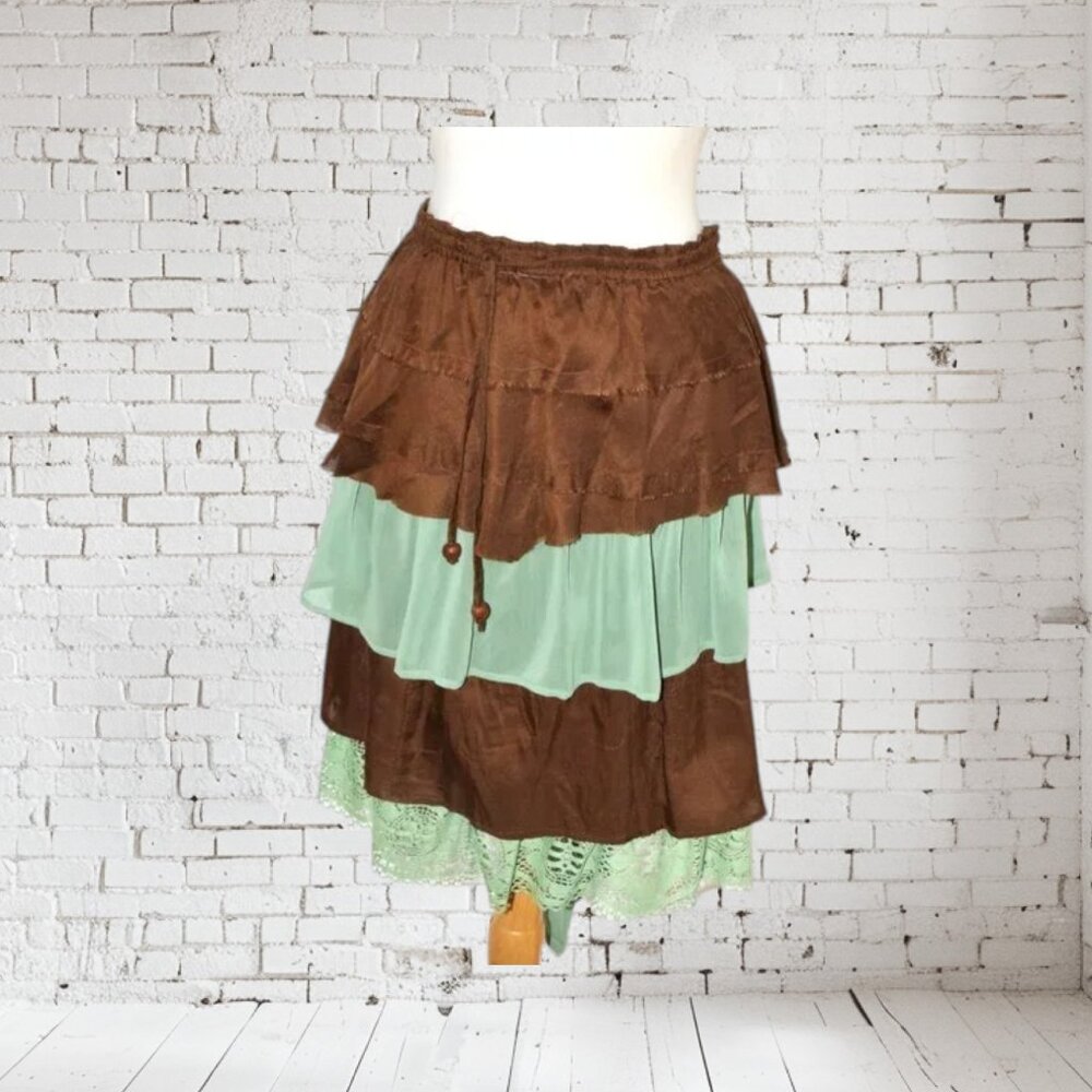 Boho Upcycle Layer Skirt Lace Brown Green